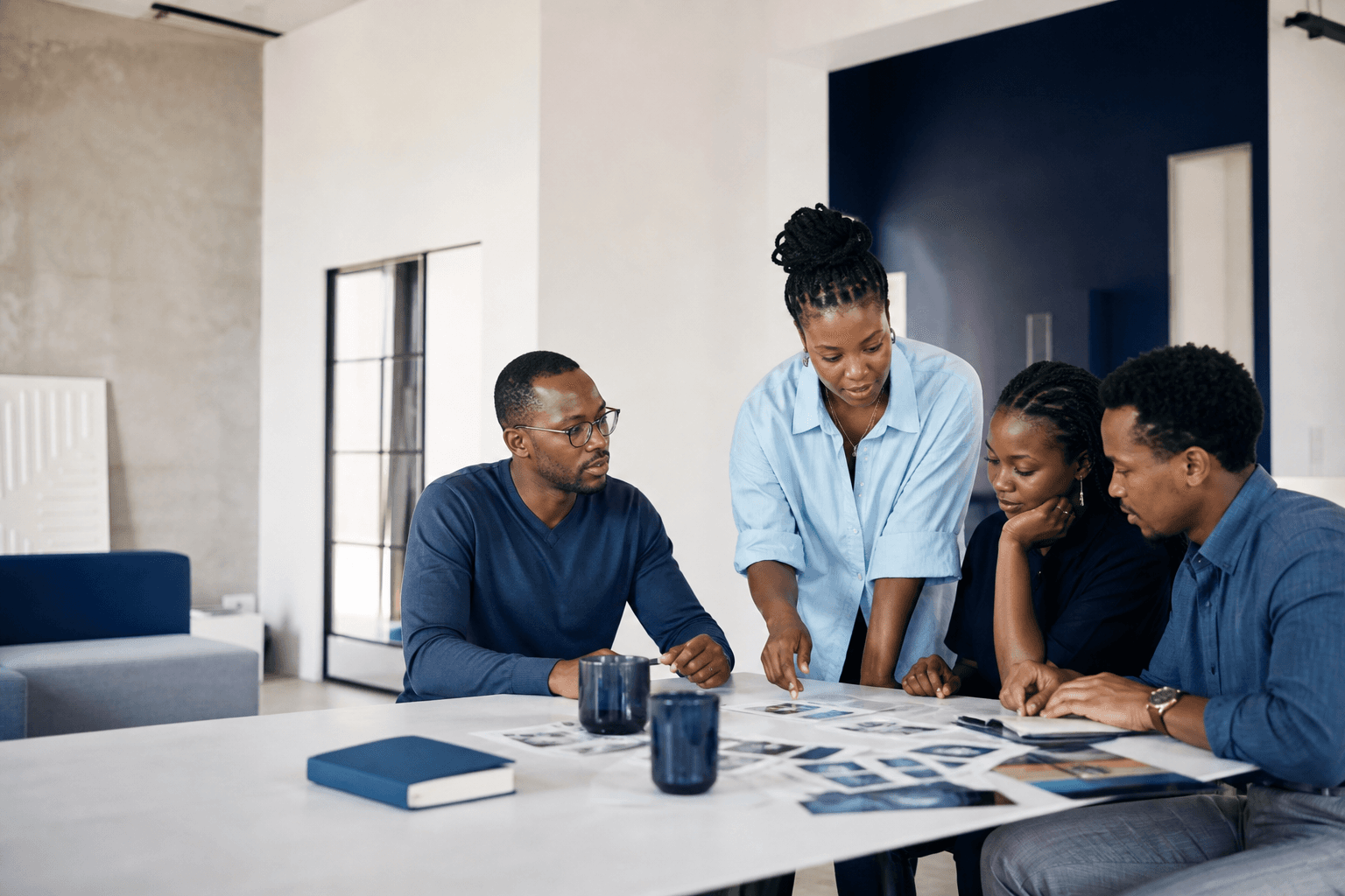 A creative team collaborating around a campaign strategy table