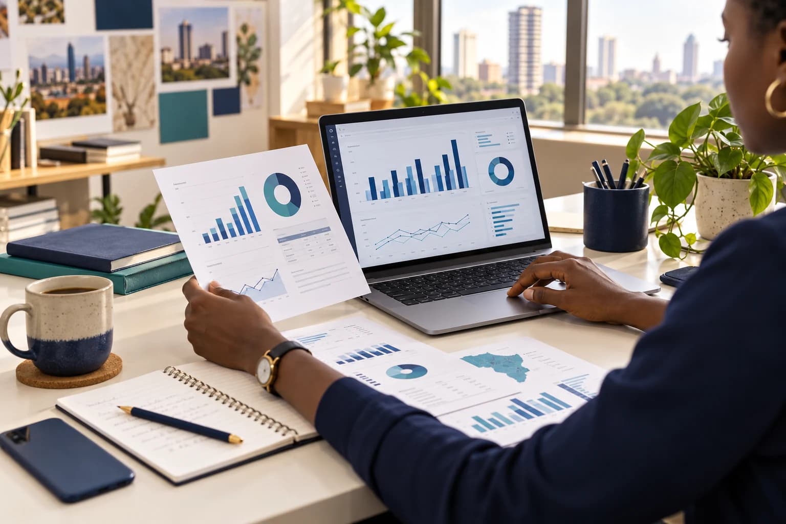 An analyst reviewing dashboard charts and printed performance results