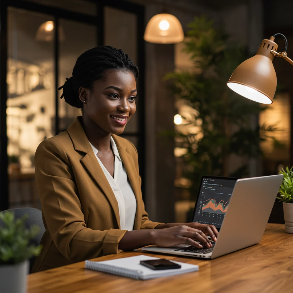 Confident African businesswoman smiling while working on a laptop displaying a digital marketing analytics dashboard, seated in a modern office with warm lighting and greenery, symbolizing digital transformation and business growth.