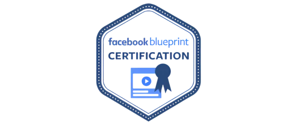 Facebook Blueprint Certification hexagonal badge with play button icon for social media marketing expertise